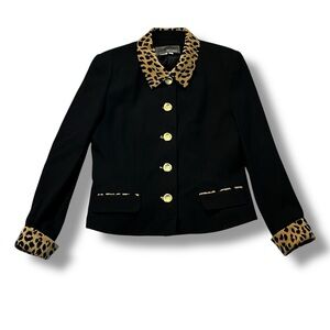 Vintage Rickie Freeman Blazer Jacket Size 10 Black Wool Leopard Collar Cuffs